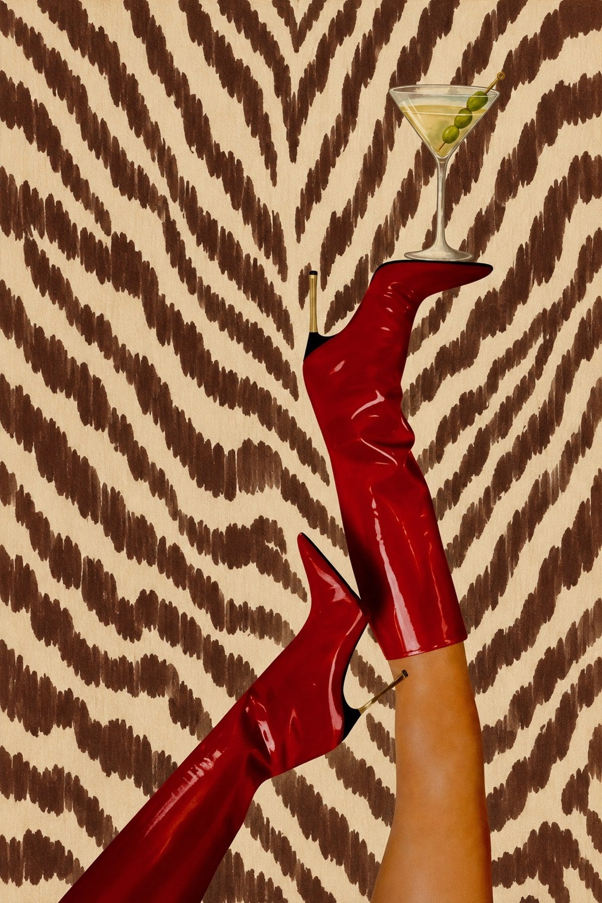 Maneater martini art print with red boots and zebra pattern