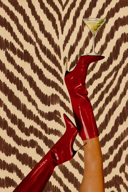 Maneater martini art print with red boots and zebra pattern