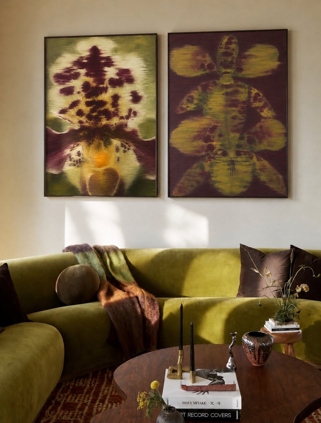 Orchid No. 02 — Aubergine and Orchid No. 04 — Ochre styled together above a sofa